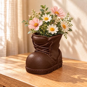 May include: A dark brown boot-shaped planter featuring a textured surface, a rounded toe, and molded lace details. The boot is filled with a bouquet of artificial flowers, including pink and white daisy-like blossoms with yellow centers and green foliage.