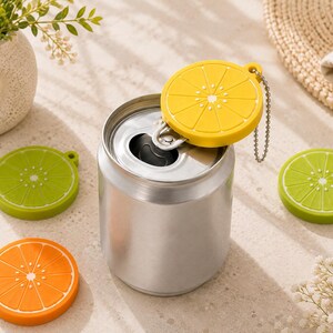 May include: A silver aluminum beverage can with a yellow citrus slice cover attached by a metal ball chain. Three additional silicone citrus slice covers in green, lime green, and orange are arranged around the can on a textured surface.