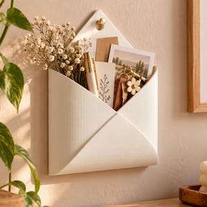 May include: A white wall-mounted envelope-shaped organiser made of a textured material. The holder contains dried flowers, a pen, cards, and a keychain with a flower charm. It is secured to the wall with a small gold-toned circular knob at the top.