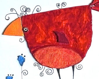 Arte 3D / El vals floral del cardenal rojo / Arte de aves / 8x10 con paspartú