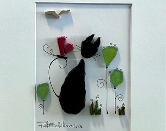 Arte 3D / Gato curioso en un jardín caprichoso / Peculiar / Gato negro / Primitivo / Minimalista / Arte de decoración de pared / 8x10 con paspartú