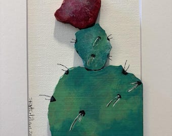 Arte 3D / Cactus con flor carmesí (montado en lienzo de 8x10 pulgadas)