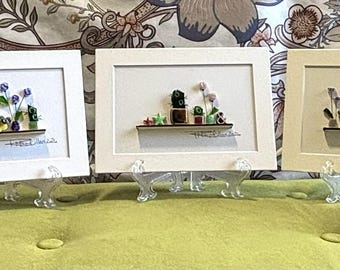 Arte con plantas y vidrio marino - (5x7 pulgadas, con paspartú y caballete incluidos)