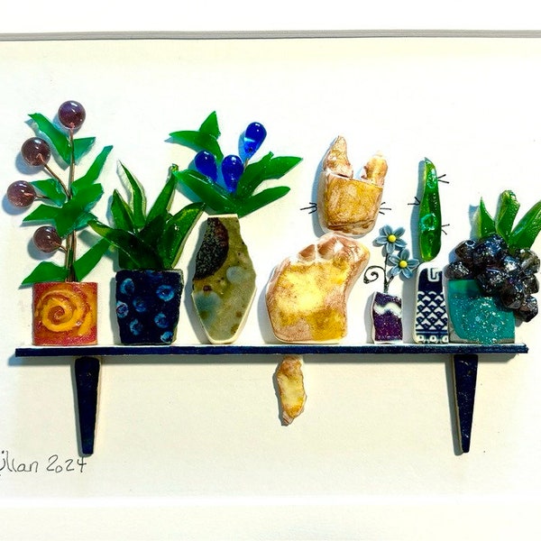 3D Art | Shelf-Love  | Animal Lovers Gifts, Cute Animals, Cute Gifts, Seaglass Plant Wall Decor Art | 8x10 Matted |