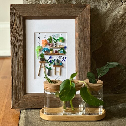 Arte 3D / Muro de plantas / Arte con vidrio marino y guijarros / Hecho a mano con materiales reciclados