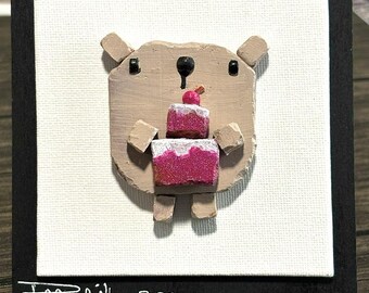 Arte 3D / Oso de dulces deseos / Decoración de pared o escritorio / Marco de madera de 5x5 con caballete