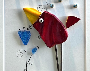 Arte 3D / Pájaro brillante de bayas / Arte de pájaro rojo / 8x10 con paspartú