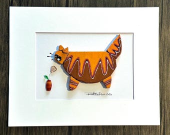 Arte 3D / El gato pelirrojo regordete y rayado y la flor diminuta / Regalo divertido para amantes de los gatos / 8x10 con paspartú