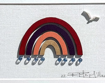 Rainbow and Raindrops | Mixed Media Art | 3D Pebble Sea Glass | 5x7 Matted with Easel | The Abstract Pebble by Rhonda McMillan