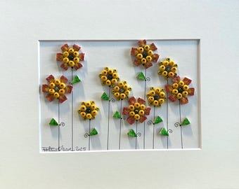 Arte 3D / Pétalos dorados y flores de rayos de sol / Decoración de guijarros / Enmarcado 8x10