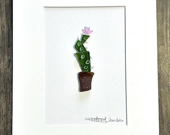 Arte 3D / Pétalos y espinas: Delicias de vidrio marino / Cactus floreciente / Decoración de guijarros / Enmarcado 8x10