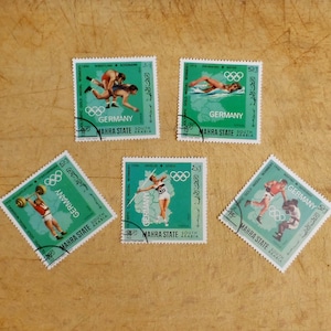 Sellos ganadores de la Medalla de Oro Olímpica de Alemania de Mehra Sudamérica. Juego original de sellos postales de los Juegos Olímpicos. FRANQUEO GRATUITO