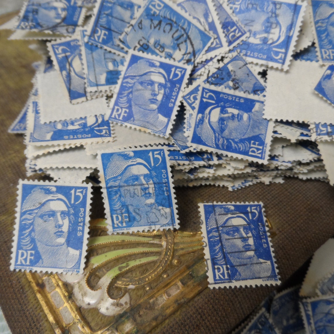 100 French Stamps 15f Used Blue Postage Stamps, Vintage Marianne Post