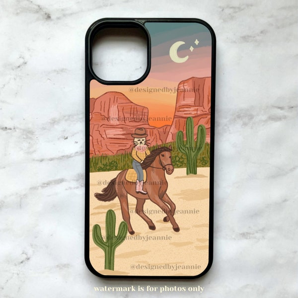 Cat Cowgirl Phone Case, Western, Canyon Desert, Cowgirl Hat, Cat Lover, Wild West, Cactus, Landscape Art, Vintage, Boho, Giddy Up, Howdy