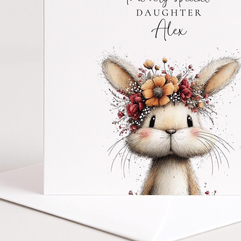 Daughter Birthday Card, Bunny Birthday Card, Personalised Daughter Card, Floral Crown Rabbit Card, Cute Girls Birthday Card image 6