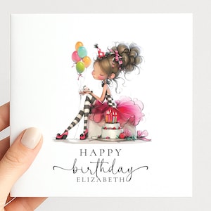 Personalised Girl Birthday Card, Cute Birthday Girl Illustration, Custom Name Card, Pink Birthday Card for Daughter, Granddaughter, Niece image 1
