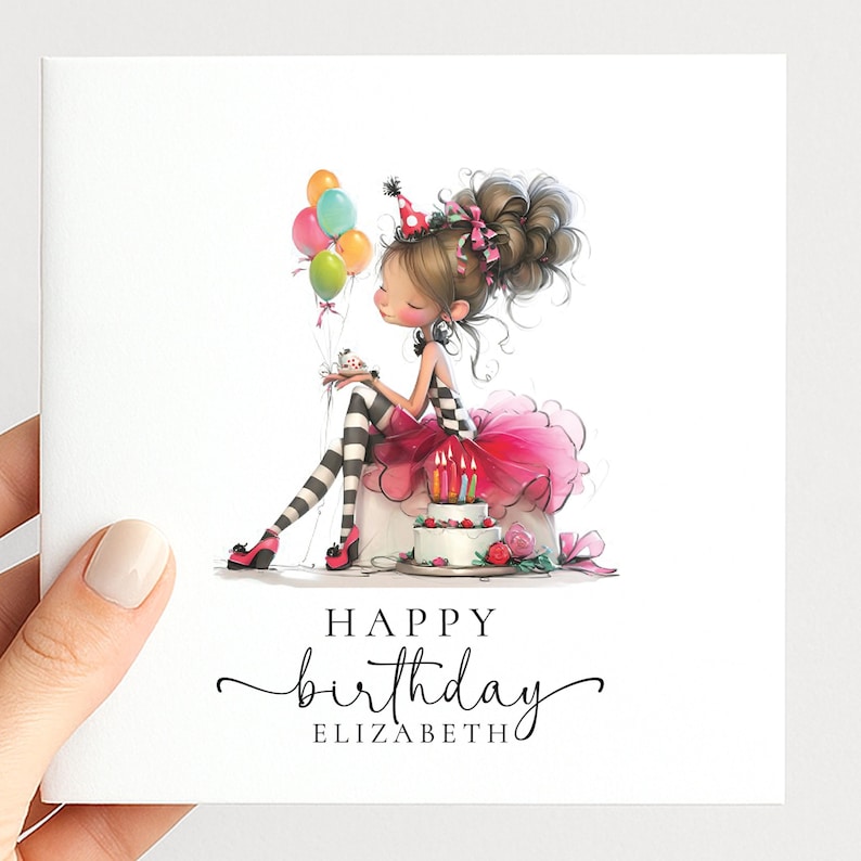 Personalised Girl Birthday Card, Cute Birthday Girl Illustration, Custom Name Card, Pink Birthday Card for Daughter, Granddaughter, Niece image 1