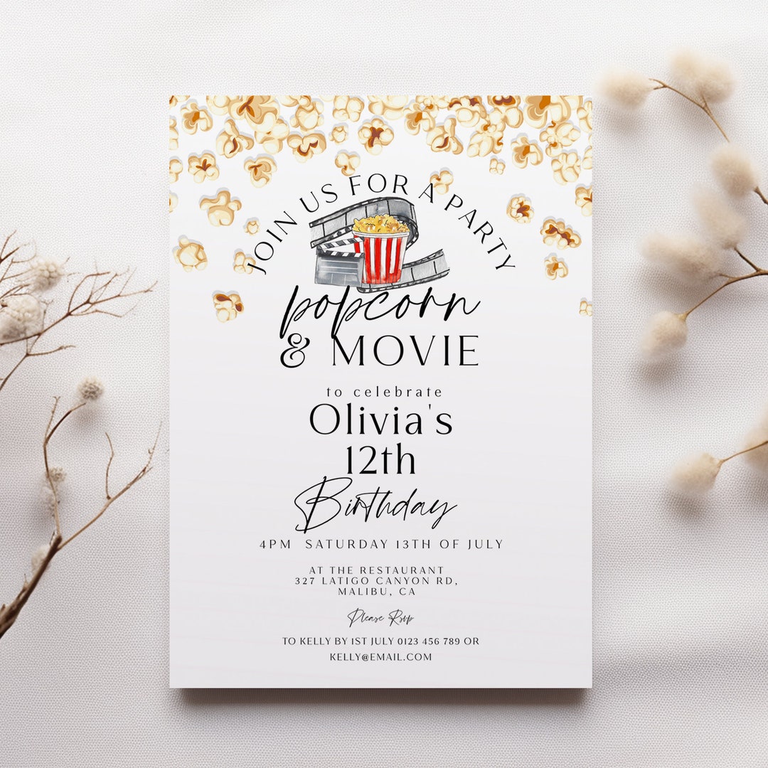 Popcorn and Movie Birthday Party Birthday Invitation, Film Night Invite ...