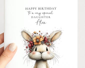 Daughter Birthday Card, Bunny Birthday Card, Personalised Daughter Card, Floral Crown Rabbit Card, Cute Girls Birthday Card