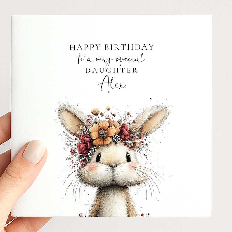 Daughter Birthday Card, Bunny Birthday Card, Personalised Daughter Card, Floral Crown Rabbit Card, Cute Girls Birthday Card image 1