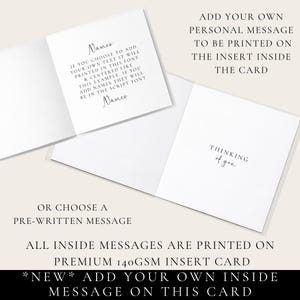 a card with instructions for adding a personal message to be printed on it. The card is a premium 14GSM insert card, and the message is printed on it.