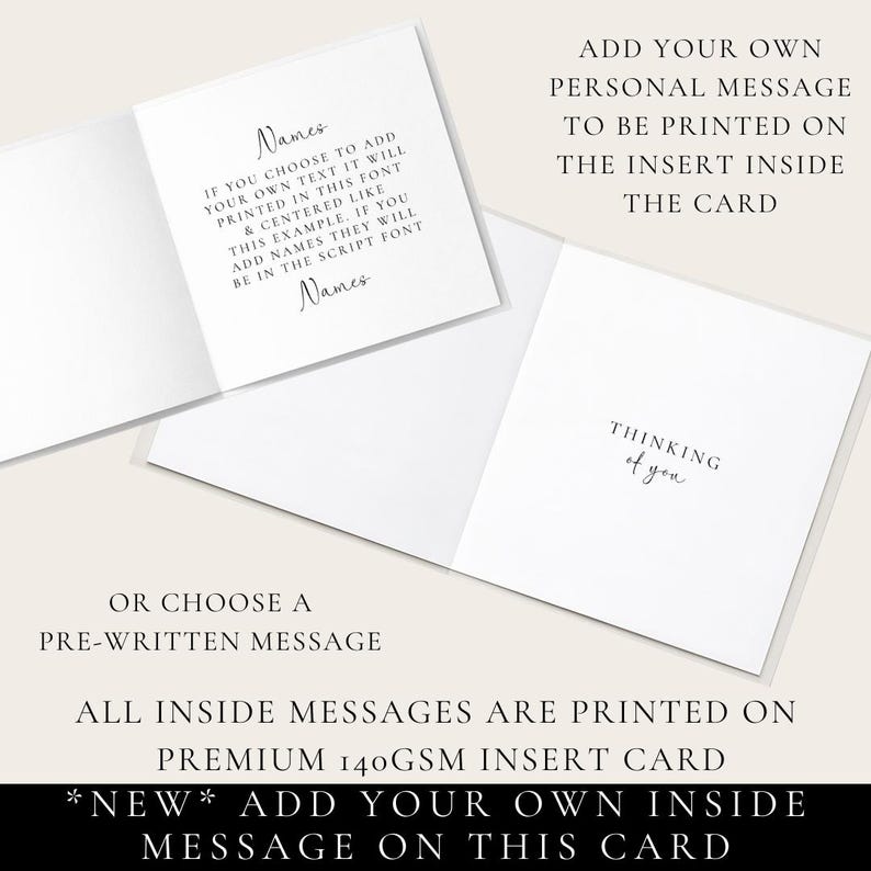 a card with instructions for adding a personal message to be printed on it. The card is a premium 14GSM insert card, and the message is printed on it.