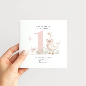 First Birthday Card Daughter, Personalised 1st Birthday Card with Goose Illustration, Square Card, Baby Girl Birthday Card image 2