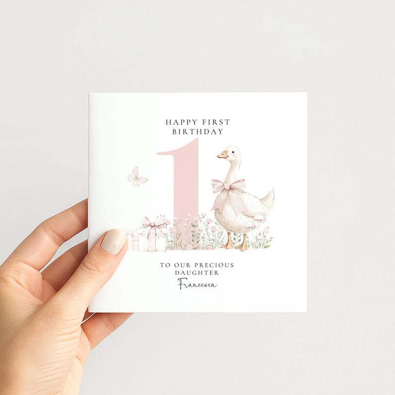 First Birthday Card Daughter, Personalised 1st Birthday Card with Goose Illustration, Square Card, Baby Girl Birthday Card image 2