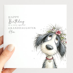 Granddaughter Birthday Card, Cute Dog Birthday Card, Personalised Granddaughter Card, Floral Dog Birthday Card, Printed Birthday Card image 1