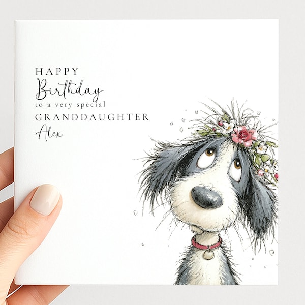 Granddaughter Birthday Card, Cute Dog Birthday Card, Personalised Granddaughter Card, Floral Dog Birthday Card, Printed Birthday Card