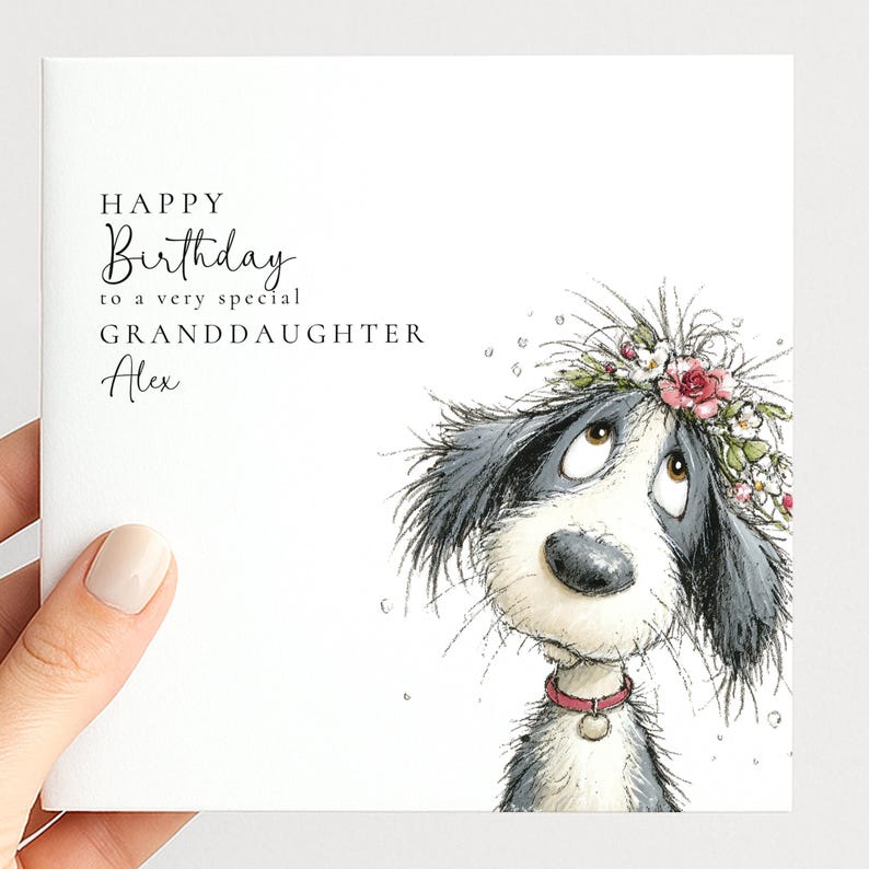 Granddaughter Birthday Card, Cute Dog Birthday Card, Personalised Granddaughter Card, Floral Dog Birthday Card, Printed Birthday Card image 1