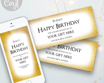 Golden Coupon Foiled Effect Voucher, Personalised Christmas Voucher, Surprise Holiday Ticket, Personalised Gift Birthday Event Printable