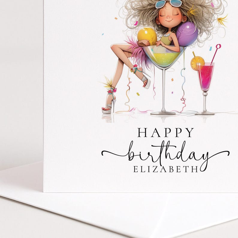 Personalised Cocktail Birthday Card for Her, Fun Birthday Girl Illustration, Custom Name Card, Ladies Birthday Card, Friend Sister Mum Gift image 5