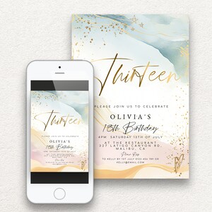 Editable Girls 13th Birthday Invite, Printable Pastel and Gold Party ...