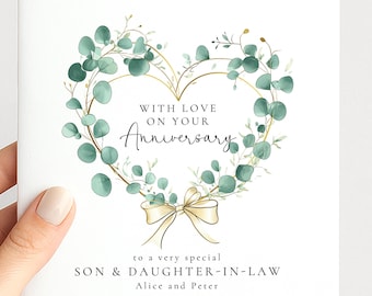 Tarjeta de aniversario para hijo y nuera, elegante tarjeta de aniversario con corazón de eucalipto, tarjeta impresa personalizada.