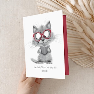Carte d'anniversaire A5 chat drôle | Citation de Pawsitively Fabulous | Lunettes de soleil rouges dessinées à la main chat | Carte écologique recyclée | Cadeau pour les amoureux des chats et leurs amis