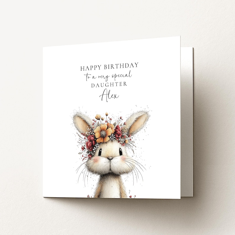 Daughter Birthday Card, Bunny Birthday Card, Personalised Daughter Card, Floral Crown Rabbit Card, Cute Girls Birthday Card image 2