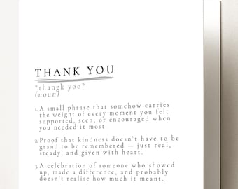 Thank You Definition Card, Meaning Thank You Card, Minimalist Appreciation Card, Gratitude Card, Teacher Thank You, Friend Thank You Gift