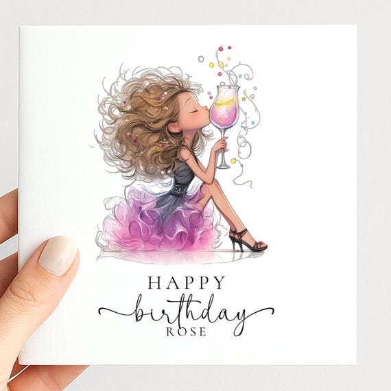 Personalised Birthday Card for Her, Glam Birthday Girl Card, Stylish Cocktail Birthday Card