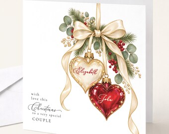 Personalised Christmas Card for Special Couple , Christmas Heart Bauble Design , Custom Names Card