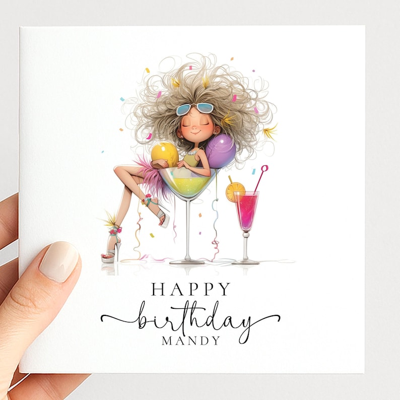 Personalised Cocktail Birthday Card for Her, Fun Birthday Girl Illustration, Custom Name Card, Ladies Birthday Card, Friend Sister Mum Gift image 1
