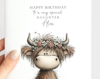 Daughter Birthday Card, Cute Highland Cow Card, Personalised Granddaughter Card, Floral Cow Card, Printed Children’s Birthday Card