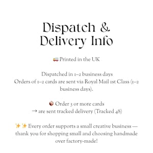 text that provides information about the company's delivery service, including details about the UK's postal system, the types of cards they deliver, and the tracking system for orders.