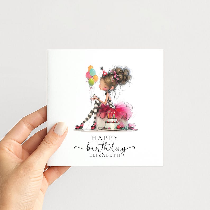 Personalised Girl Birthday Card, Cute Birthday Girl Illustration, Custom Name Card, Pink Birthday Card for Daughter, Granddaughter, Niece image 2