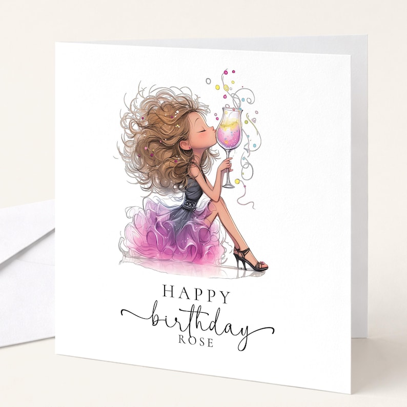 Personalised Birthday Card for Her, Glam Birthday Girl Card, Stylish Cocktail Birthday Card immagine 1