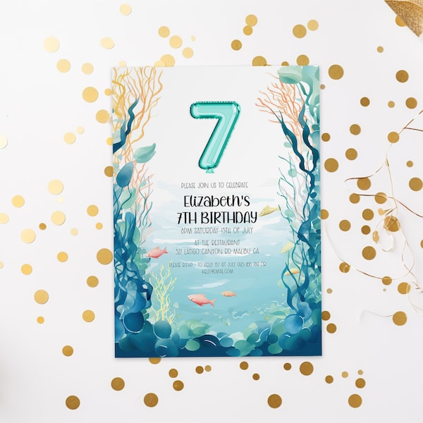 Editable 7th Birthday Invitation, Under the Sea Party Invite Template, Seven Years Old Printable Instant Digital Download