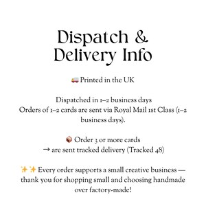 text that provides information about the company's delivery service, including details about the UK's postal system, the types of cards they deliver, and the tracking system for orders.