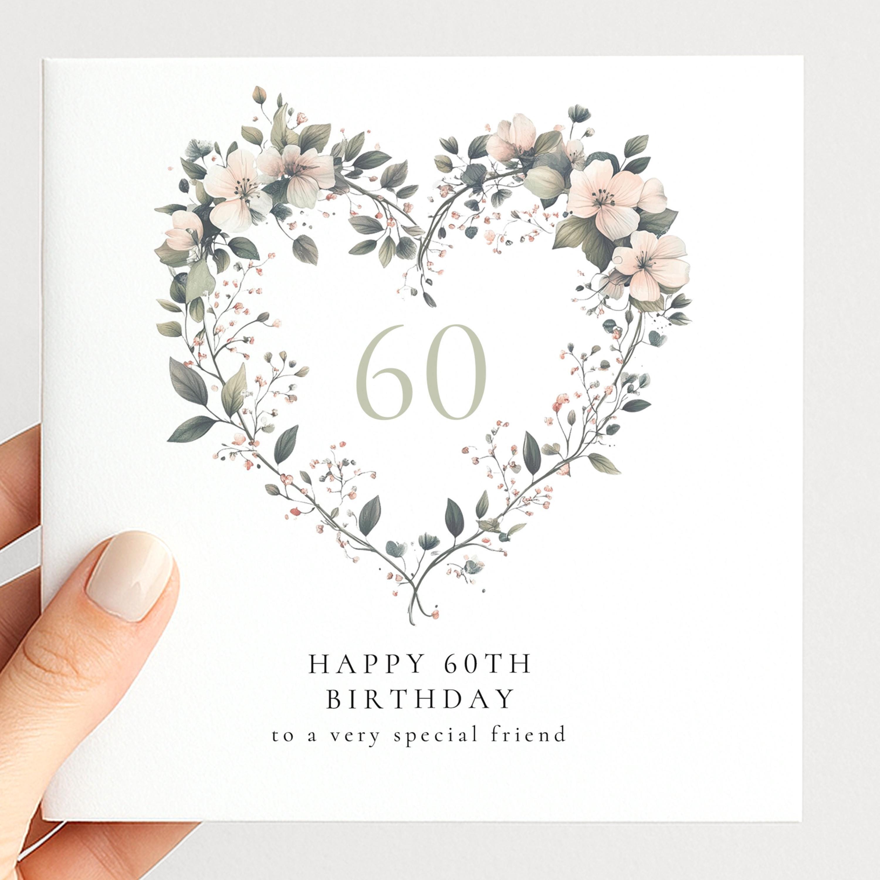 60th Birthday Card for Her, Floral Heart Milestone Birthday Card ...