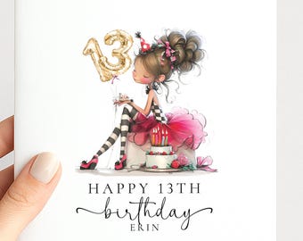 13th Birthday Card for Girl, Cute Birthday Card with Cake and Balloons, Personalised Girls Birthday Card Age 13