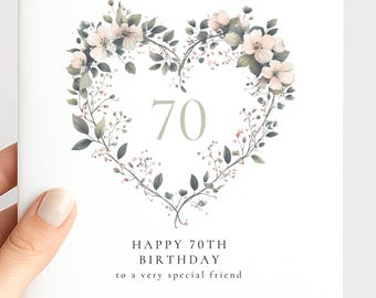 70th Birthday Card for Her, Floral Heart Milestone Birthday Card, Personalised Name Birthday Card, Special Friend Card for Women
